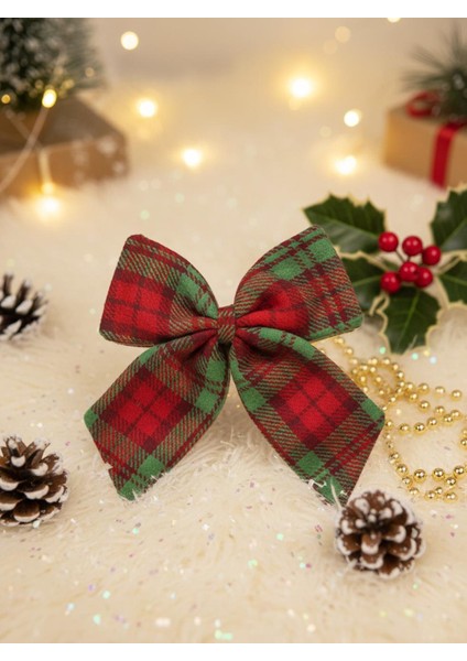 Yılbaşı Fiyonk Kırmızı Yeşil Ekose Desenli Dekoratif Kapı & Ağaç Süsü 21 cm