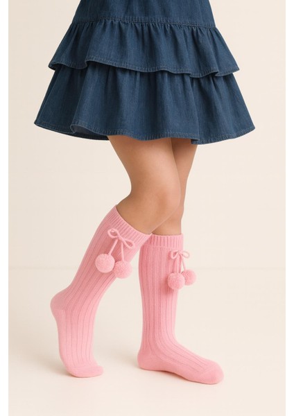 Kız Çocuk Ponponlu Dizaltı Çorap Pembe