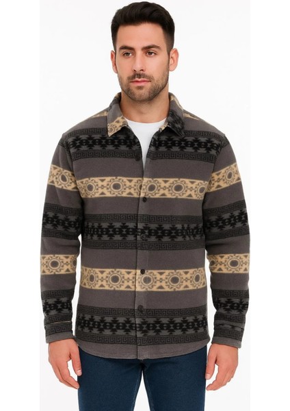 Erkek Desenli Polar Gömlek – Etnik Şerit Desen Yakalı, Uzun Kollu, Düğmeli, Oversize Rahat Kalıp