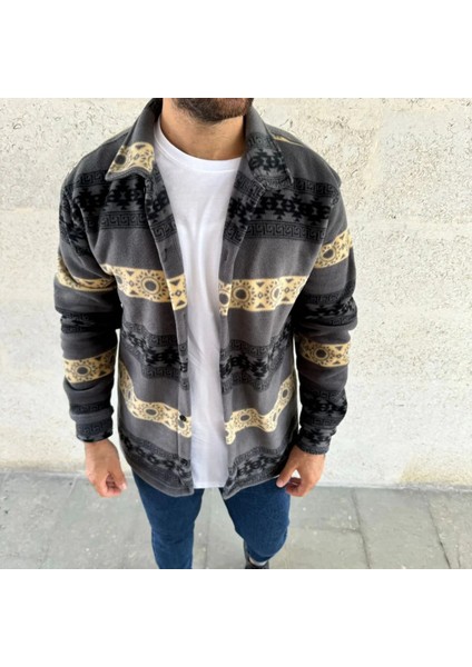 Erkek Desenli Polar Gömlek – Etnik Şerit Desen Yakalı, Uzun Kollu, Düğmeli, Oversize Rahat Kalıp fiyatları