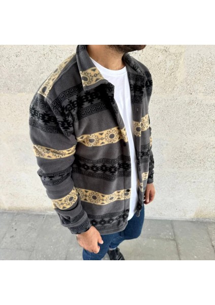 Erkek Desenli Polar Gömlek – Etnik Şerit Desen Yakalı, Uzun Kollu, Düğmeli, Oversize Rahat Kalıp modelleri