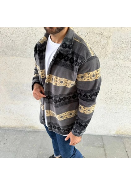Erkek Desenli Polar Gömlek – Etnik Şerit Desen Yakalı, Uzun Kollu, Düğmeli, Oversize Rahat Kalıp fırsatları