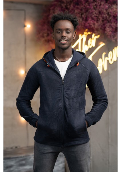 Slimfit Kapşonlu Yan Cepli Fermuarlı Spor Polar Hırka