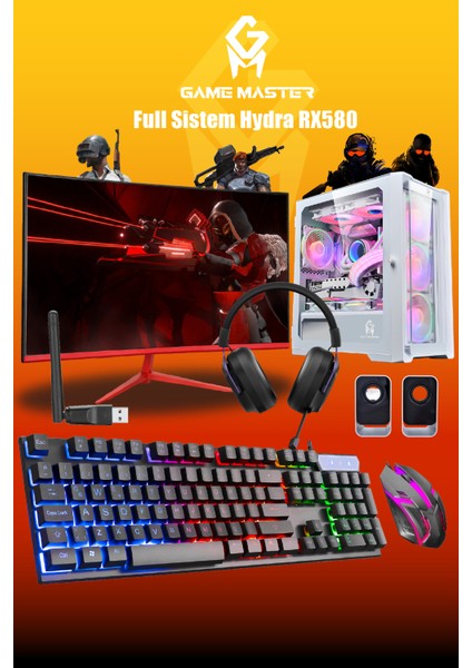 Full Sistem Set Hydra RX580 Ryzen 5 5500 Cpu 16GB Ram 512GB Nvme M.2 RX580 8gb 27" 165hz Monitör Beyaz Gaming Pc