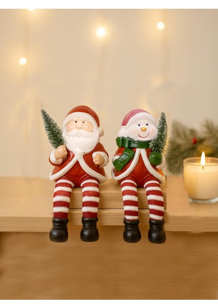 Yılbaşı Hediyelik Seramik Dekor Süsü Noel Baba & Kardan Adam Biblo Seti 16 cm