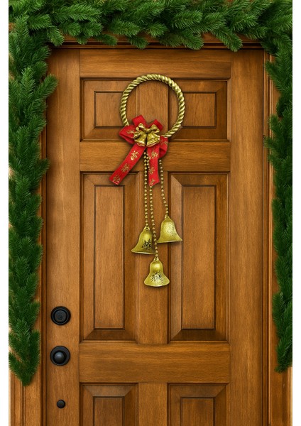 30 cm Halkalı Mini Kırmızı Fiyonklu Yılbaşı Kapı Süsü – Asmalı Dekor