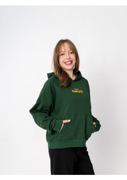 Unisex Oversize Kapüşonlu Yeşil Baskılı Empati Sweatshirt