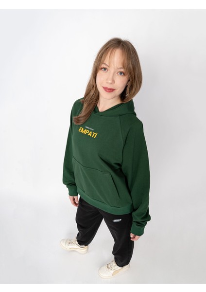 Unisex Oversize Kapüşonlu Yeşil Baskılı Empati Sweatshirt