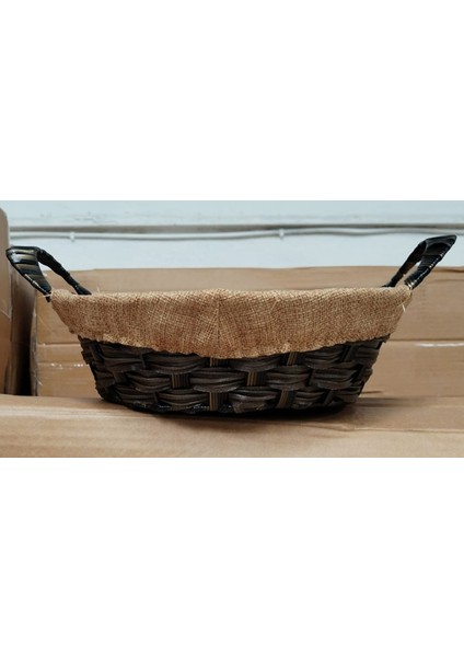 Hasır Sepet Kulplu Jüt Kumaşlı Dekoratif Organizer - Ekmek Sepeti