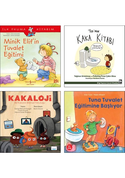 / Minik Elif'in Tuvalet Eğitimi + Teo'nun Kaka Kitabı + Kakaloji + Tuna Tuvalet Eğitimine Başlıyor / Tuvalet Eğitimi Temalı 4 Kitap Set