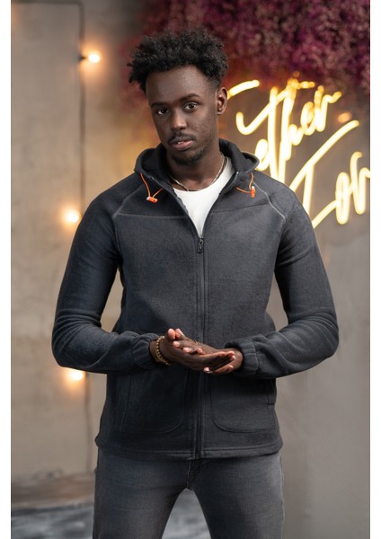 Slimfit Kapşonlu Yan Cepli Fermuarlı Spor Polar Hırka