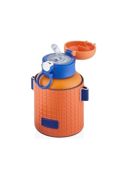 680ML Moda Çizgili Deri Kılıf Pipetli Askılı Kilitlenebilir Kapak Çelik Termos Matara (Turuncu)