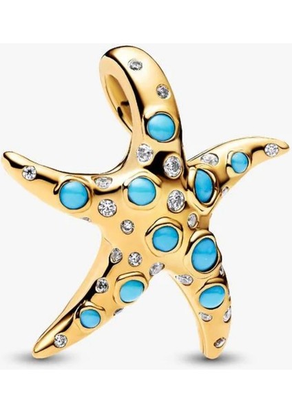 Gold Renk Işıltılı Mavi Denizyıldızı Sallantılı Charm S925