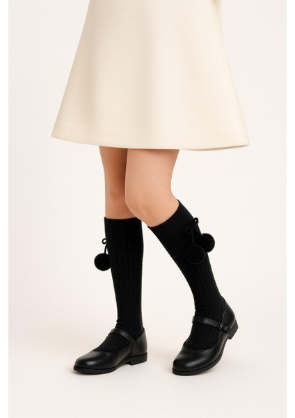 Kız Çocuk Ponponlu Dizaltı Çorap Siyah