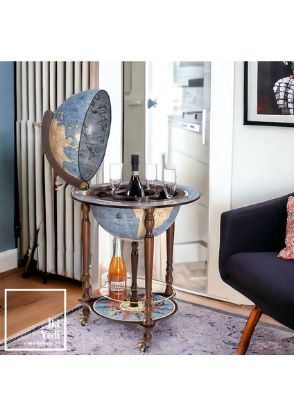 Bluedislas Mavi Dünya Bar Küresi, Ahşap Ayaklı Şaraplık, Dekoratif Içki Arabası ve Sunum Sehpası