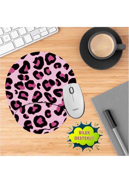 Pembe Leopar Baskılı Oval Mouse Pad Bilek Destekli