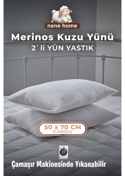 %100 Merinos Boncuk Kuzu Yünü Dolgulu & Pamuk Kumaş 2`li Yastık 50 x 70 cm Ebat , 1000 Gram