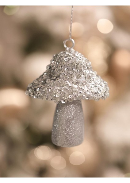Yılbaşı Ağaç Süsü Mantar Figürlü Asılabilir Pul Payet İşlemeli Dekoratif Süs Gümüş 10 cm