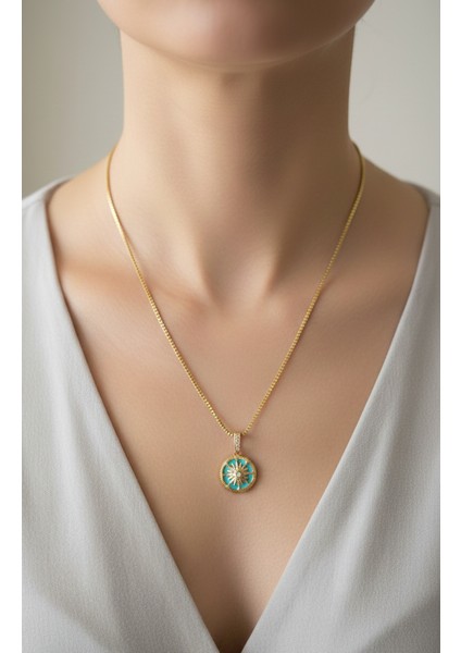 Altın Renk Yeşil Mine Yuvarlak Güneş Asansör Zincir Çelik Kolye