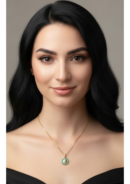 Altın Renk Yeşil Mine Yuvarlak Güneş Asansör Zincir Çelik Kolye fırsatları