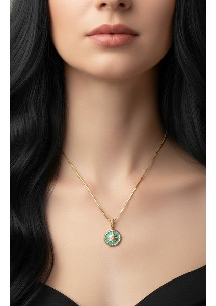 Altın Renk Yeşil Mine Yuvarlak Güneş Asansör Zincir Çelik Kolye indirimleri