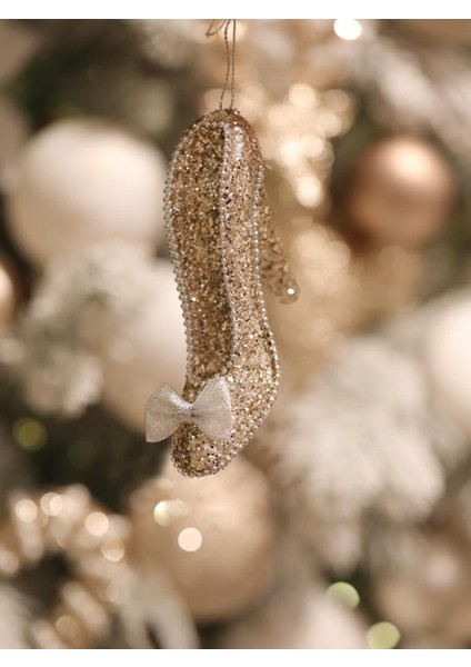 Yılbaşı Ağaç Süsü Işıltılı Simli Topuklu Ayakkabı Asılabilir Dekoratif Süs Şampanya 14 cm