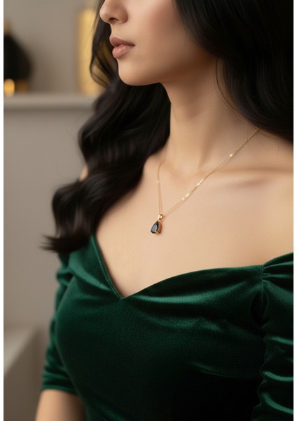 Altın Renk Sıra Taşlı Lacivert Damla Model Sf Zincir Çelik Kolye-Zarif Lacivert Safir Damla Kolye