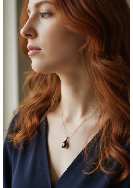 Altın Renk Sıra Taşlı Lacivert Damla Model Sf Zincir Çelik Kolye-Zarif Lacivert Safir Damla Kolye fiyatları