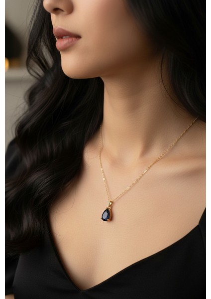 Altın Renk Sıra Taşlı Lacivert Damla Model Sf Zincir Çelik Kolye-Zarif Lacivert Safir Damla Kolye modelleri