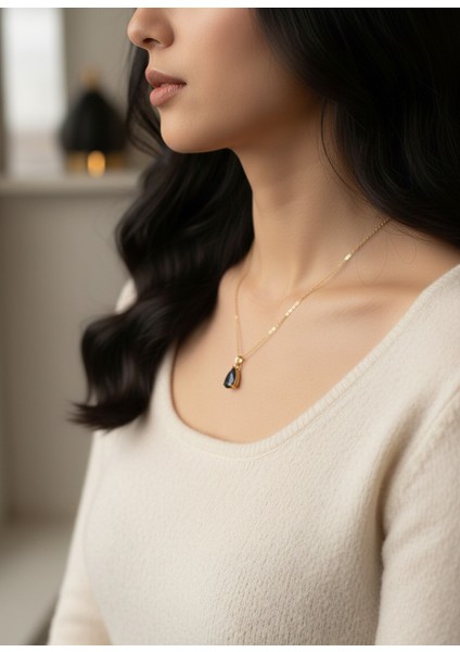 Altın Renk Sıra Taşlı Lacivert Damla Model Sf Zincir Çelik Kolye-Zarif Lacivert Safir Damla Kolye fırsatları