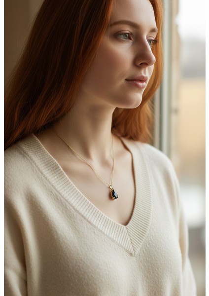 Altın Renk Sıra Taşlı Lacivert Damla Model Sf Zincir Çelik Kolye-Zarif Lacivert Safir Damla Kolye indirimleri