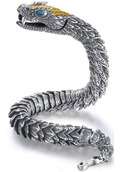 Viking Yılan Başlı 925 Ayar Gümüş Bileklik 25,5cm 83 Gram Sertifikalı