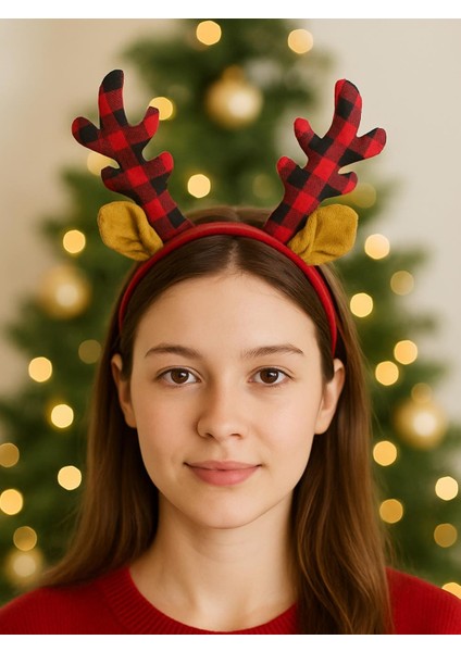 Yılbaşı Parti Tacı Ekose Desenli Geyik Boynuzlu Taç