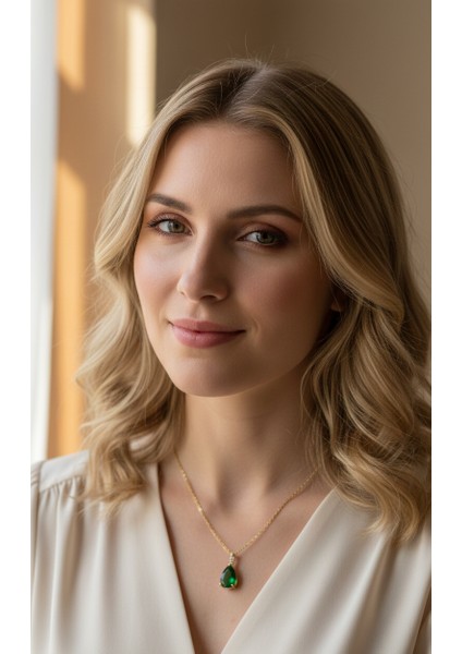 Altın Renk Sıra Taşlı Yeşil Damla Model Sf Zincir Çelik Kolye-Zarif Yeşil Safir Damla Kolye fiyatları