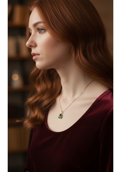 Altın Renk Sıra Taşlı Yeşil Damla Model Sf Zincir Çelik Kolye-Zarif Yeşil Safir Damla Kolye modelleri