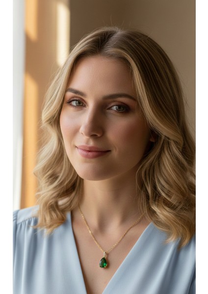 Altın Renk Sıra Taşlı Yeşil Damla Model Sf Zincir Çelik Kolye-Zarif Yeşil Safir Damla Kolye fırsatları