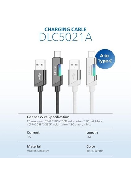 DLC5021A Usb-A - Type-C Şarj Kablosu, Hızlı Şarj, 3A Yüksek Akım, 1 Metre, Dayanıklı Örgü Kablo, Çok Renkli Işık (Beyaz) fiyatları