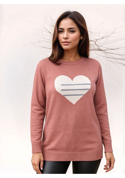 Kadın Bisiklet Yaka Uzun Kol Rahat Kalıp Büyük Beden Curve Kalpli Spor Şık Kazak