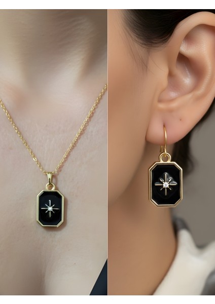 Siyah Yıldız Sekizgen Detay Kadın Kolye Küpe Set