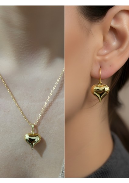 Parlak Kalp Uçlu Detay Kadın Kolye Küpe Set