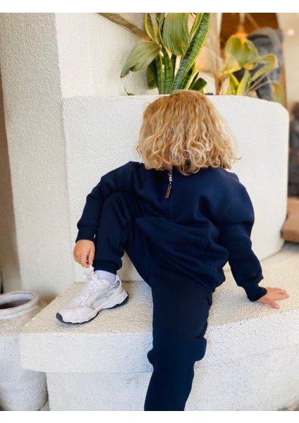 Erkek / Kız Çocuk Dik Yaka Sweatshirt Kangru Cepli 3 Iplik Şardonlu