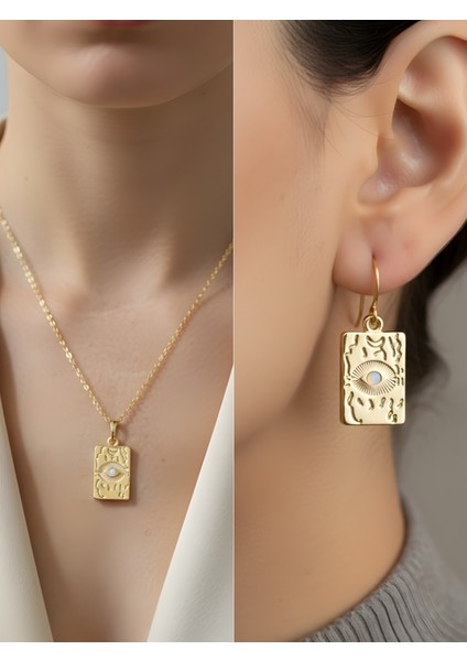 Dikdörtgen Nazar Kabartma Kadın Kolye Küpe Set