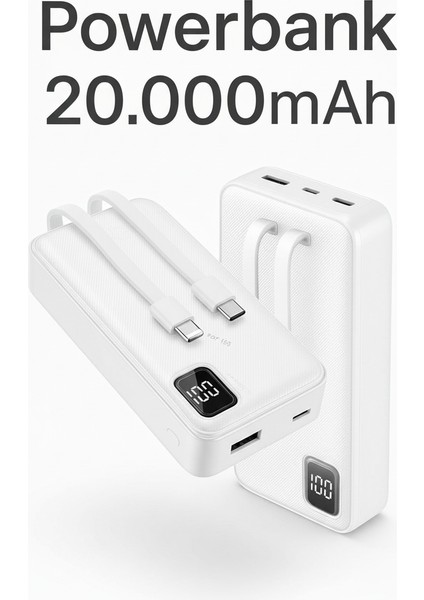 Powerbank 20.000 Mah | 22.5W Pd Hızlı Şarj | LED Göstergeli | Dahili Kablo | Type-C & Ios Uyumlu
