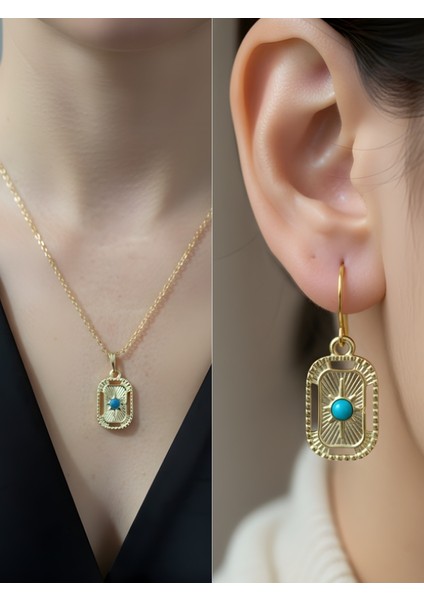 Turkuaz Dikdörtgen Detay Kadın Kolye Küpe Set