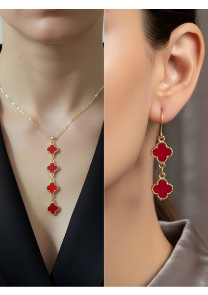 Kırmızı Yonca Zincir Detay Kadın Kolye Küpe Set