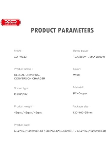 Xo Is Beauty Evrensel Çoklu Seyahat Adaptörü WL23| Eu To (Usa,eu,jan,uk,aus,cn) – 2500W Güç Destekli, Çoklu Ülke Uyumlu, Kompakt ve Güvenli Dönüştürücü, Akım Korumalı | Beyaz fiyatları