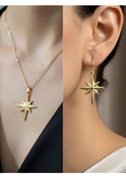 Yıldız Uzun Uçlu Detay Kadın Kolye Küpe Set