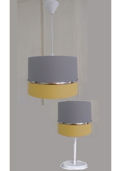 Gri Sarı M-630 Kumaş Kaplama 2.li Set Yatak Odası Genç ve Çocuk Odası Avize ve Abajur Seti