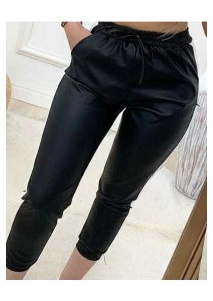 Kadın Yüksek Bel Lastikli Yan Şerit Detaylı Deri Pantolon fiyatları
