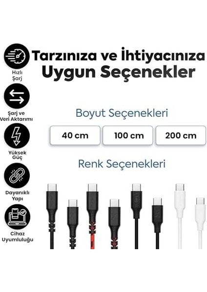 Type-C To Type-C ile Uyumlu ve ile Uyumlu Hızlı Şarj ve Data Kablosu 40 cm (Siyah) modelleri